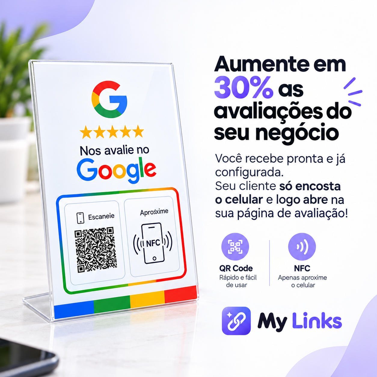 Placa acrílica NFC e QR Code para Google Meu Negócio - Foto Oficial
